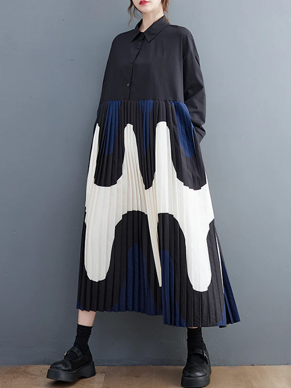 A-Line Long Sleeves Contrast Color Pleated Printing Split-Joint Polo Midi Dresses - Image 5