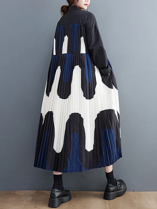 A-Line Long Sleeves Contrast Color Pleated Printing Split-Joint Polo Midi Dresses - Image 6