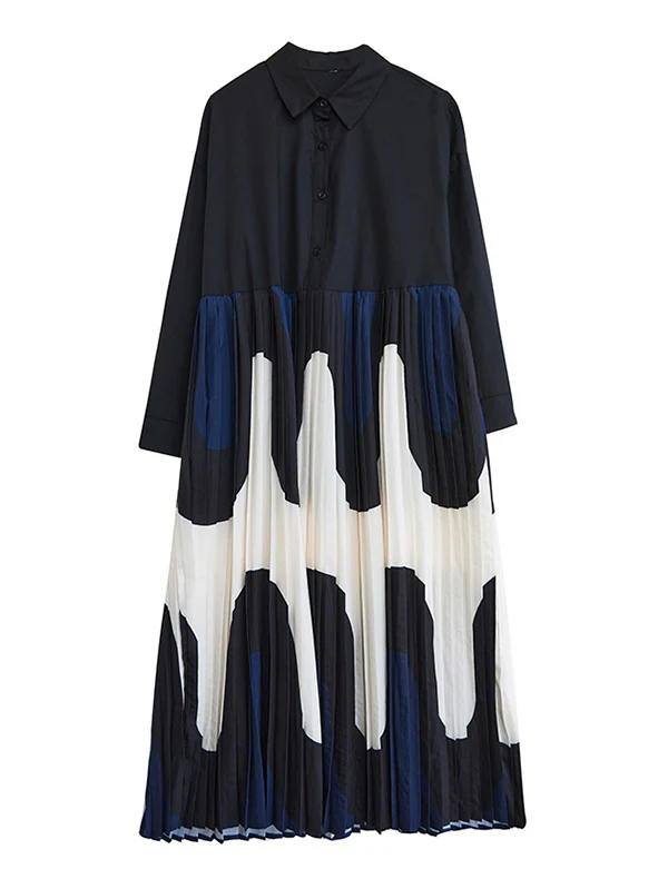 A-Line Long Sleeves Contrast Color Pleated Printing Split-Joint Polo Midi Dresses - Image 7