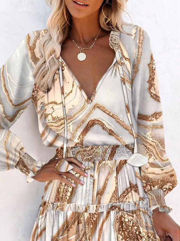 A-Line Long Sleeves Contrast Color Pleated Split-Joint Tied V-Neck Mini Dresses - Image 2