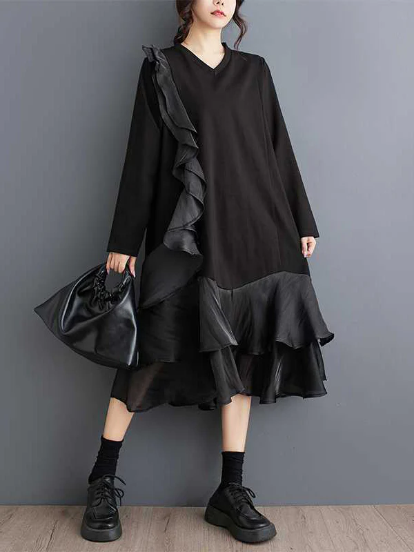 A-Line Long Sleeves Contrast Color Pockets Ruffle Trim Split-Joint V-Neck Midi Dresses - Image 10