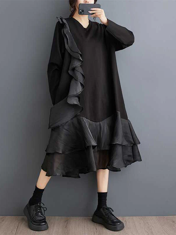 A-Line Long Sleeves Contrast Color Pockets Ruffle Trim Split-Joint V-Neck Midi Dresses - Image 11