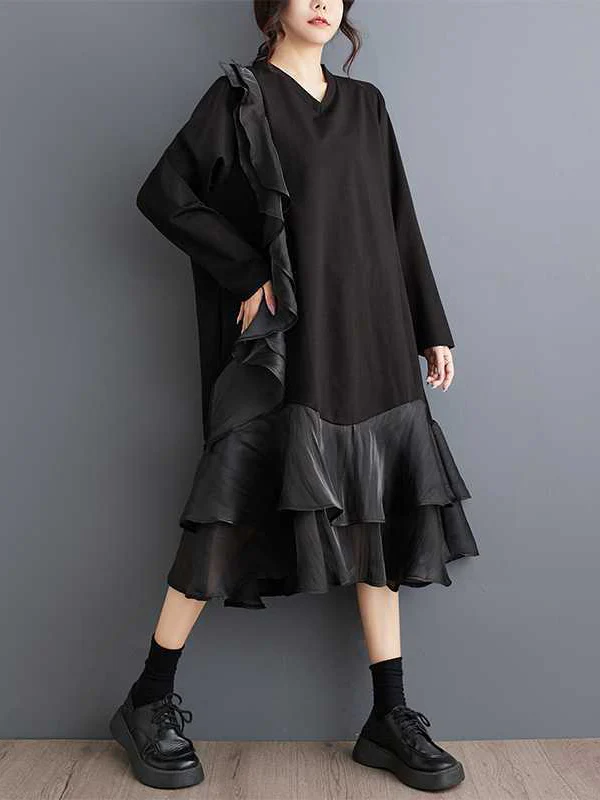A-Line Long Sleeves Contrast Color Pockets Ruffle Trim Split-Joint V-Neck Midi Dresses - Image 12