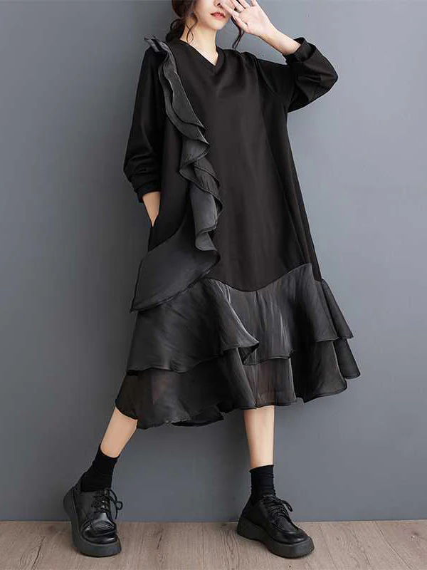 A-Line Long Sleeves Contrast Color Pockets Ruffle Trim Split-Joint V-Neck Midi Dresses - Image 13