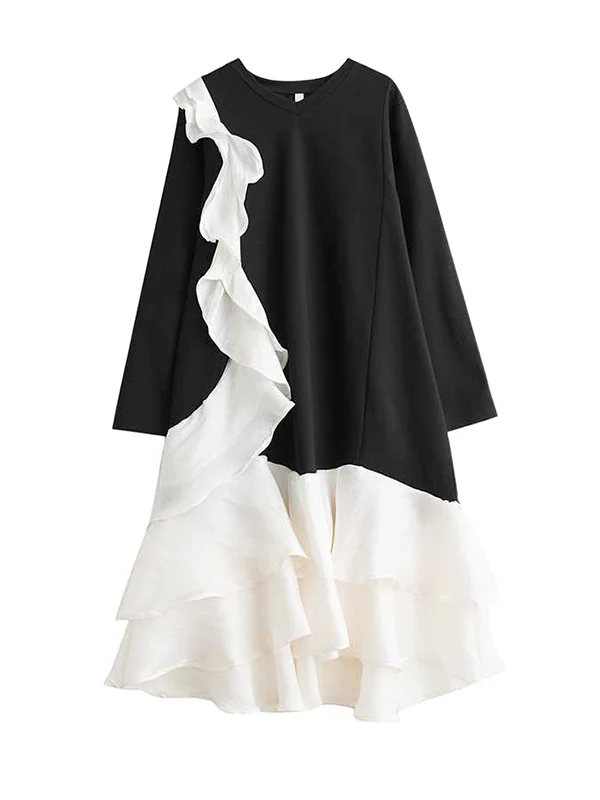 A-Line Long Sleeves Contrast Color Pockets Ruffle Trim Split-Joint V-Neck Midi Dresses - Image 14