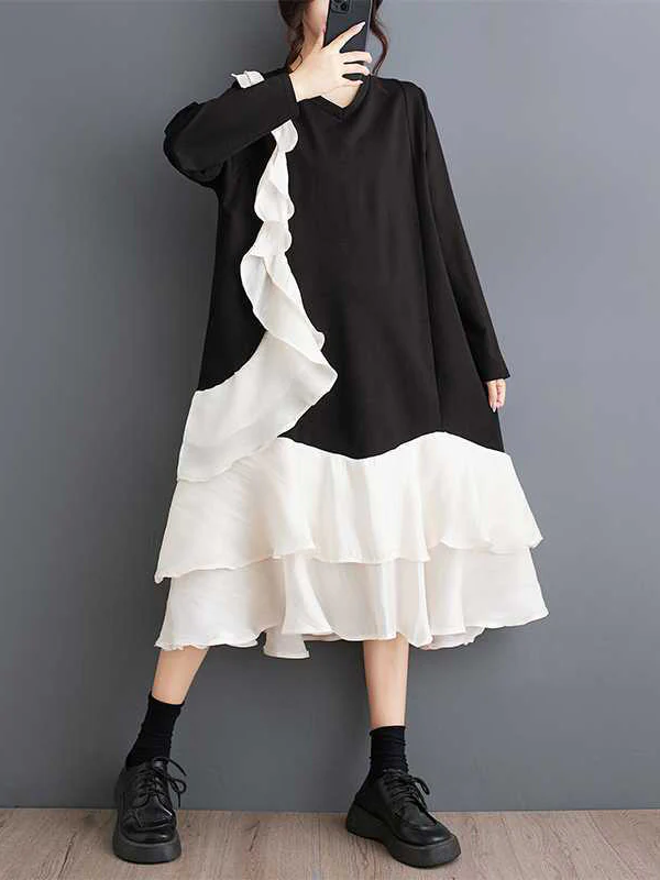 A-Line Long Sleeves Contrast Color Pockets Ruffle Trim Split-Joint V-Neck Midi Dresses - Image 2