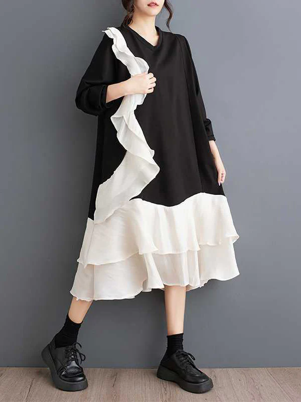 A-Line Long Sleeves Contrast Color Pockets Ruffle Trim Split-Joint V-Neck Midi Dresses - Image 3