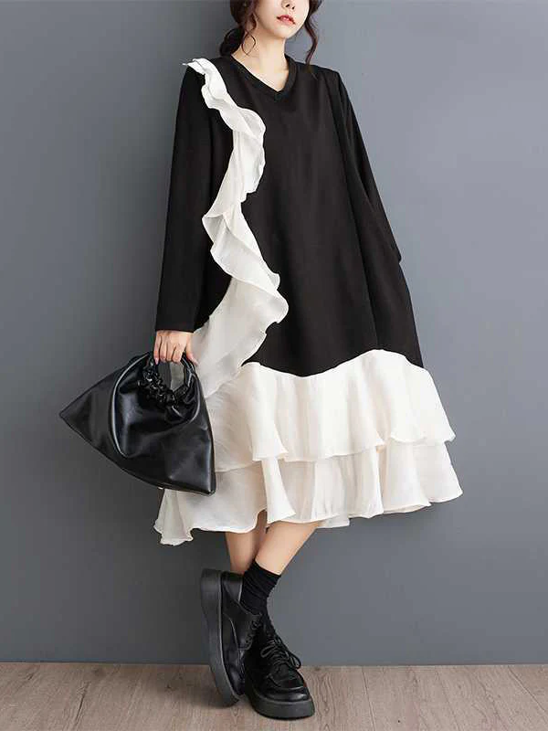 A-Line Long Sleeves Contrast Color Pockets Ruffle Trim Split-Joint V-Neck Midi Dresses - Image 4