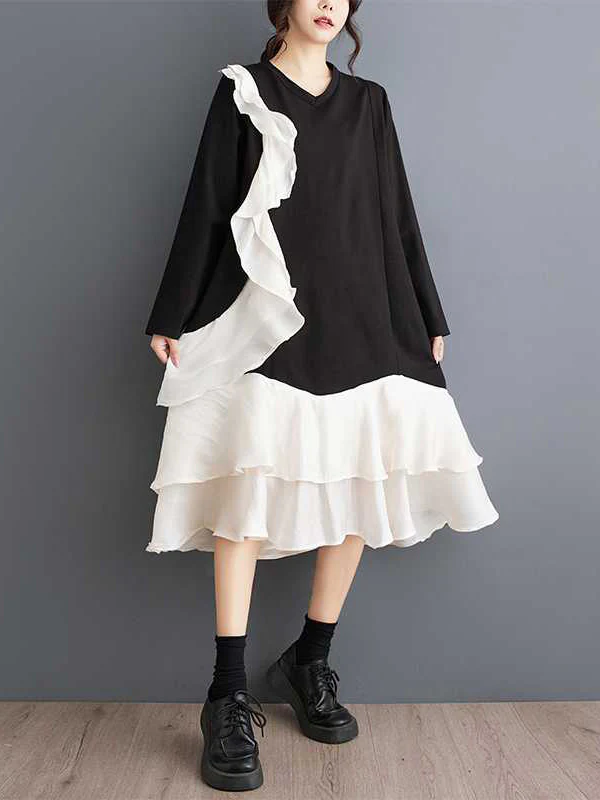 A-Line Long Sleeves Contrast Color Pockets Ruffle Trim Split-Joint V-Neck Midi Dresses - Image 5