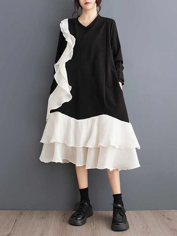 A-Line Long Sleeves Contrast Color Pockets Ruffle Trim Split-Joint V-Neck Midi Dresses - Image 6