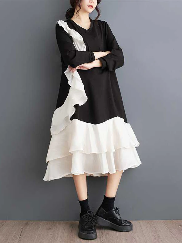 A-Line Long Sleeves Contrast Color Pockets Ruffle Trim Split-Joint V-Neck Midi Dresses - Image 7
