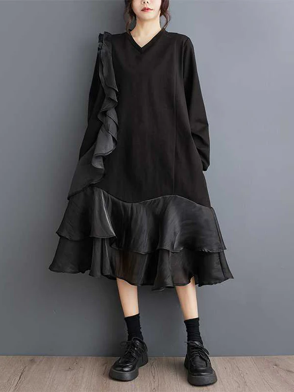 A-Line Long Sleeves Contrast Color Pockets Ruffle Trim Split-Joint V-Neck Midi Dresses - Image 8