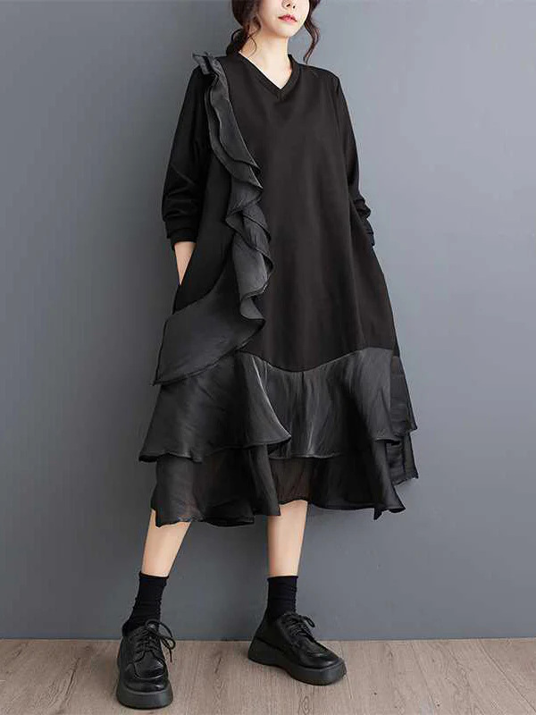 A-Line Long Sleeves Contrast Color Pockets Ruffle Trim Split-Joint V-Neck Midi Dresses - Image 9