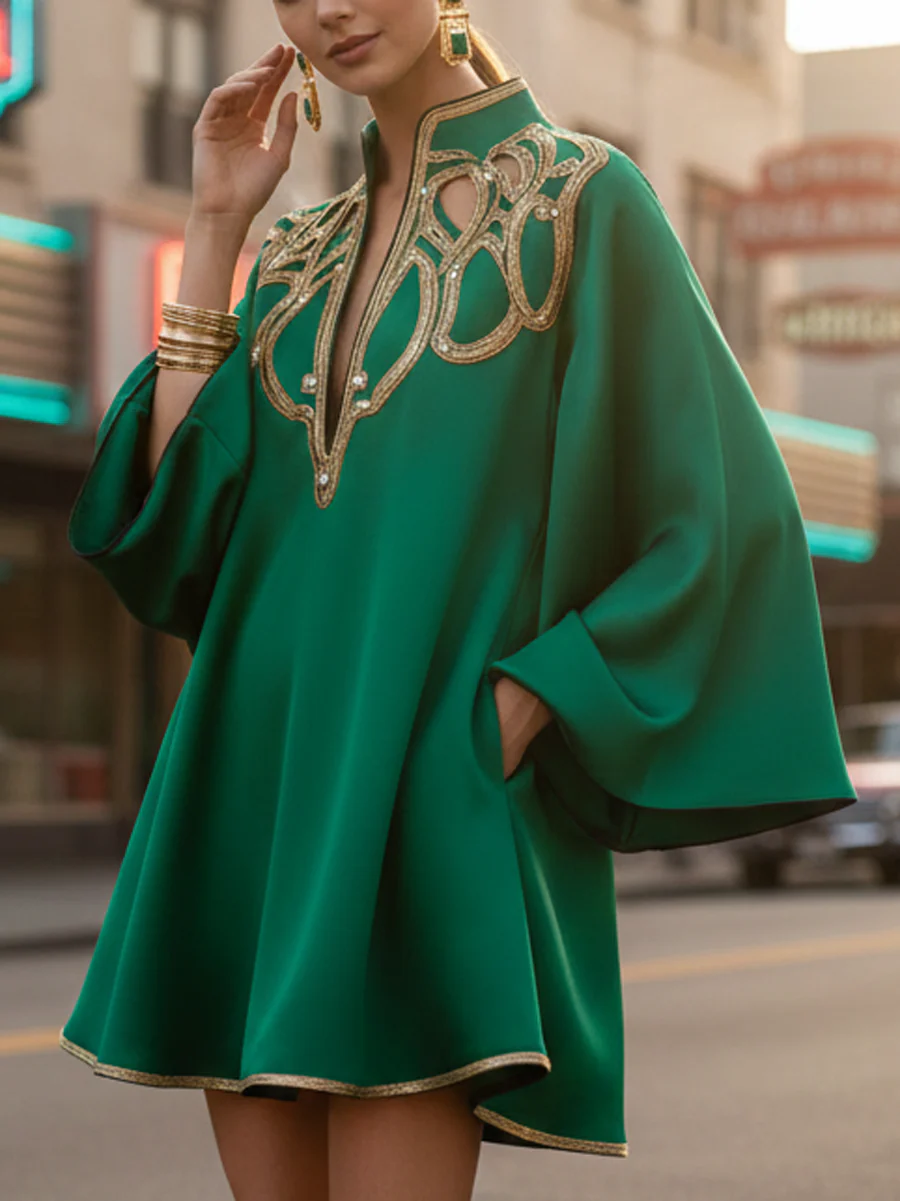 A-Line Long Sleeves Contrast Color Printed Split-Joint Stand Collar Mini Dresses