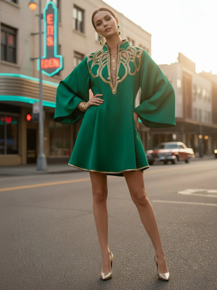 A-Line Long Sleeves Contrast Color Printed Split-Joint Stand Collar Mini Dresses - Image 2