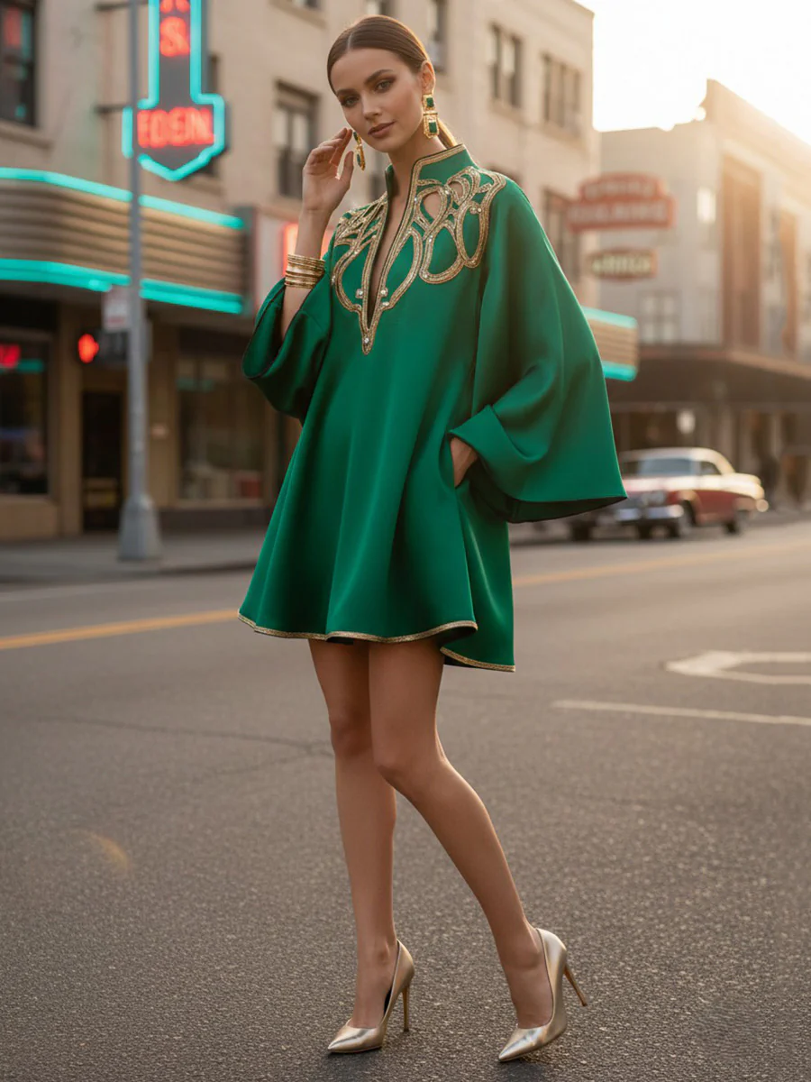 A-Line Long Sleeves Contrast Color Printed Split-Joint Stand Collar Mini Dresses - Image 3