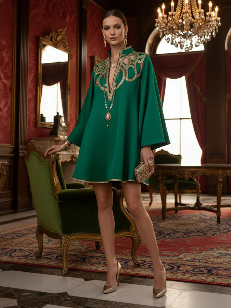 A-Line Long Sleeves Contrast Color Printed Split-Joint Stand Collar Mini Dresses - Image 7