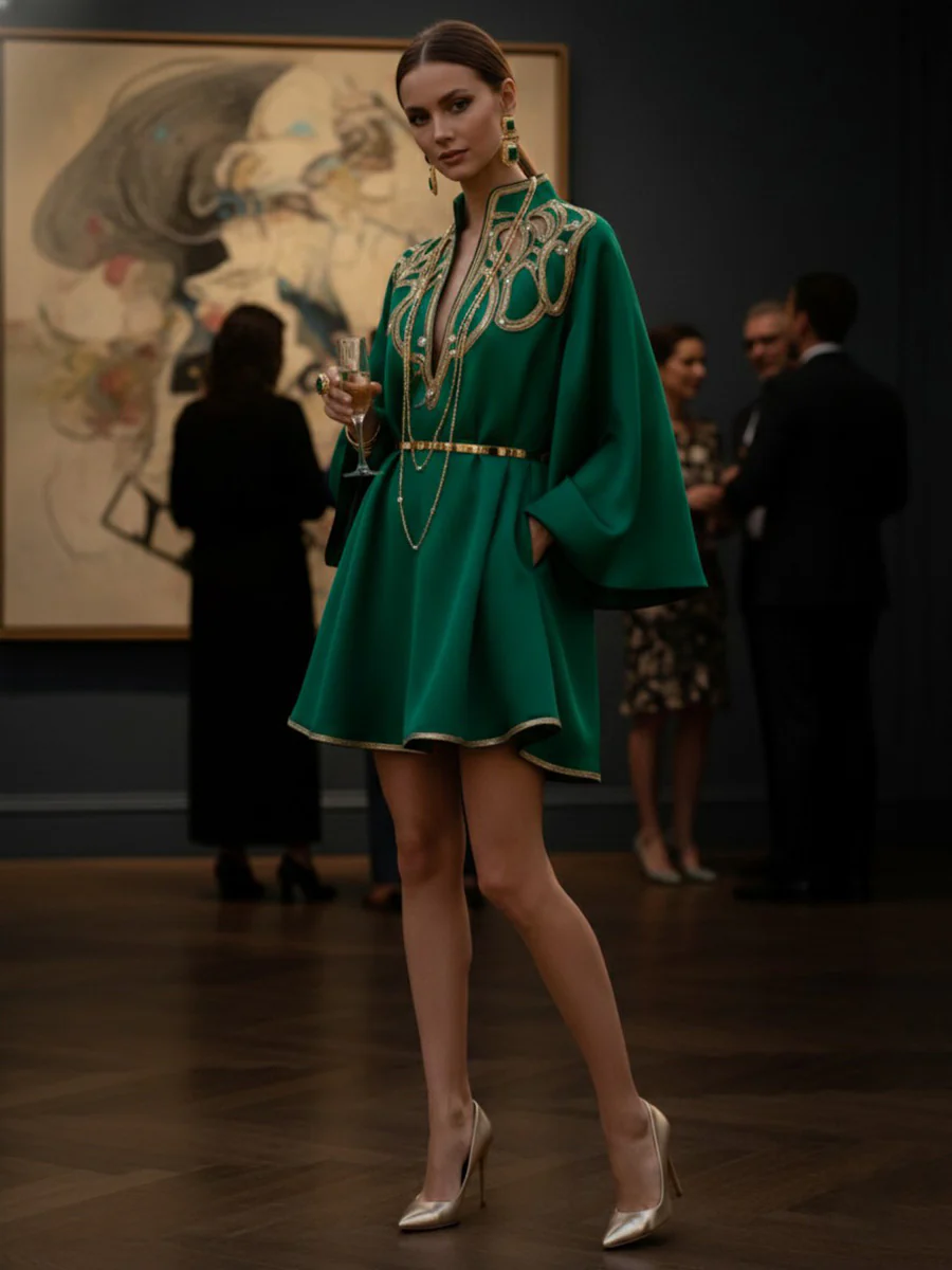 A-Line Long Sleeves Contrast Color Printed Split-Joint Stand Collar Mini Dresses - Image 9