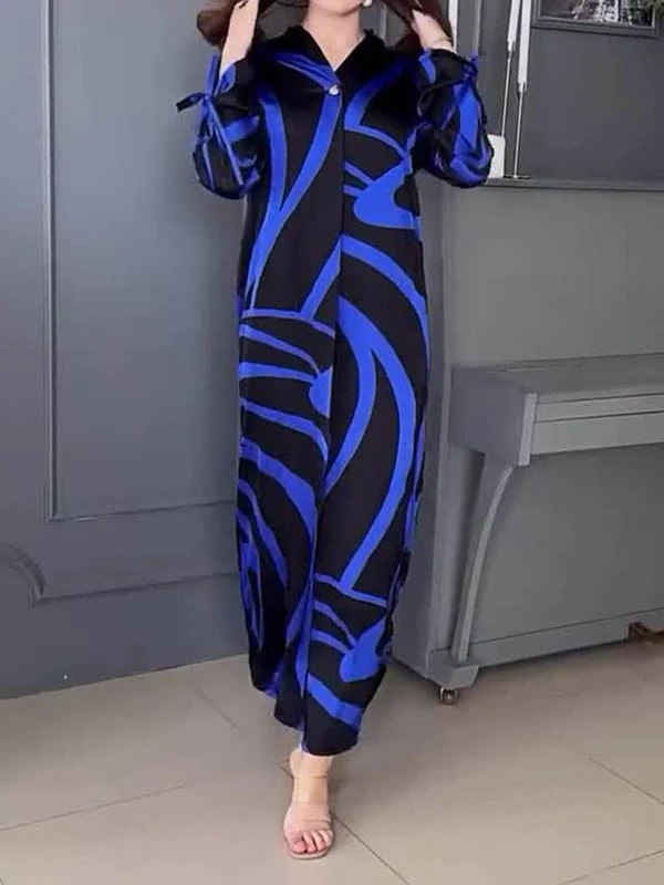A-Line Long Sleeves Contrast Color V-Neck Maxi Dresses Shirt Dress - Image 2