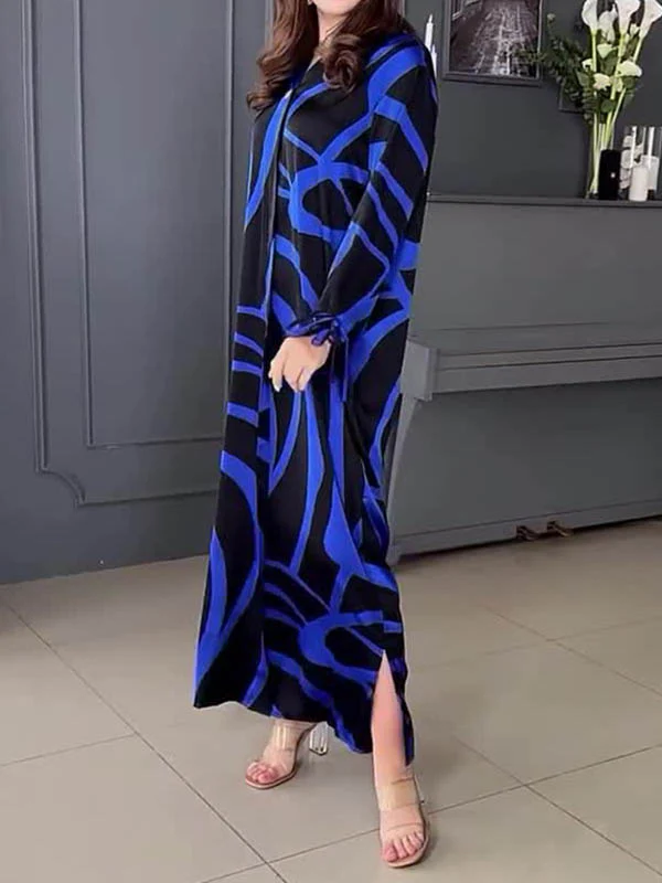 A-Line Long Sleeves Contrast Color V-Neck Maxi Dresses Shirt Dress - Image 3