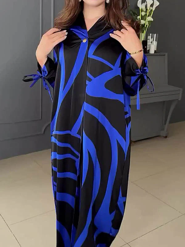 A-Line Long Sleeves Contrast Color V-Neck Maxi Dresses Shirt Dress - Image 4
