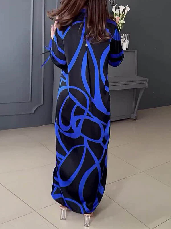 A-Line Long Sleeves Contrast Color V-Neck Maxi Dresses Shirt Dress - Image 5