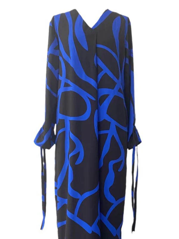 A-Line Long Sleeves Contrast Color V-Neck Maxi Dresses Shirt Dress - Image 6