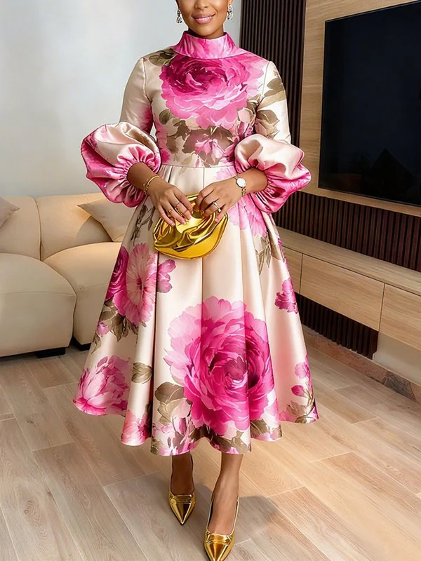 A-Line Long Sleeves Elasticity Flower Print Pleated Mock Neck Maxi Dresses - Image 2