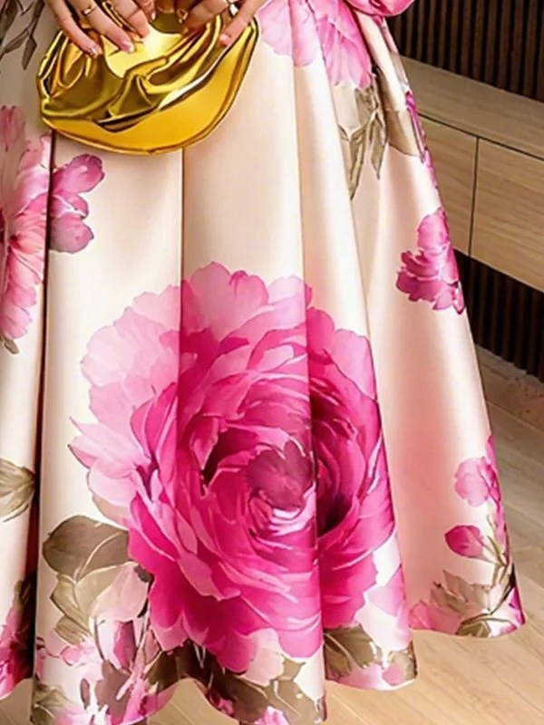 A-Line Long Sleeves Elasticity Flower Print Pleated Mock Neck Maxi Dresses - Image 3