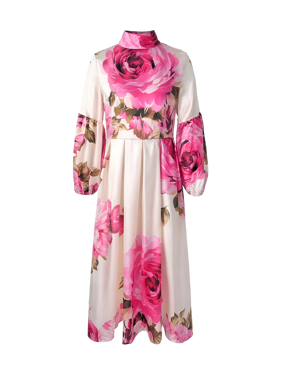 A-Line Long Sleeves Elasticity Flower Print Pleated Mock Neck Maxi Dresses - Image 4