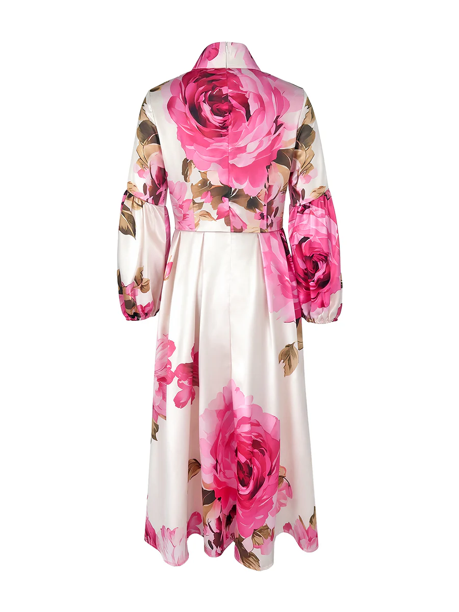 A-Line Long Sleeves Elasticity Flower Print Pleated Mock Neck Maxi Dresses - Image 5