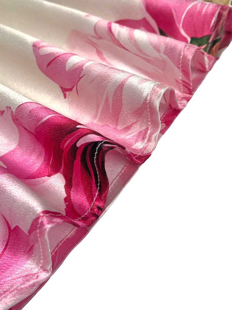 A-Line Long Sleeves Elasticity Flower Print Pleated Mock Neck Maxi Dresses - Image 7