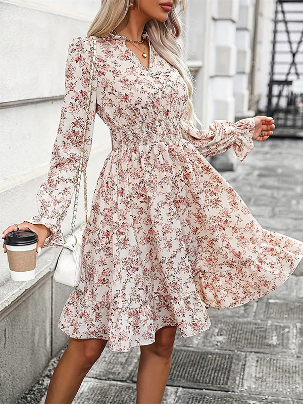 A-Line Long Sleeves Elasticity Flower Print V-Neck Midi Dresses - Image 2