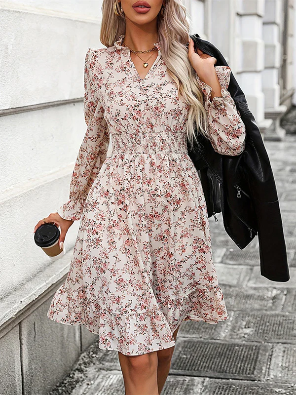 A-Line Long Sleeves Elasticity Flower Print V-Neck Midi Dresses - Image 4
