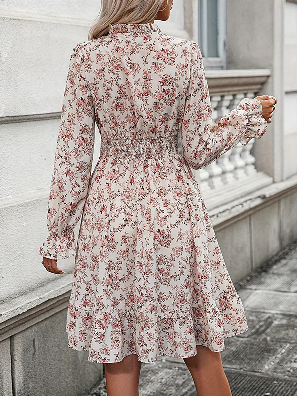 A-Line Long Sleeves Elasticity Flower Print V-Neck Midi Dresses - Image 5