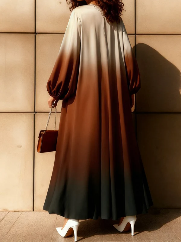 A-Line Long Sleeves Elasticity Gradient Pockets Round-Neck Maxi Dresses - Image 2