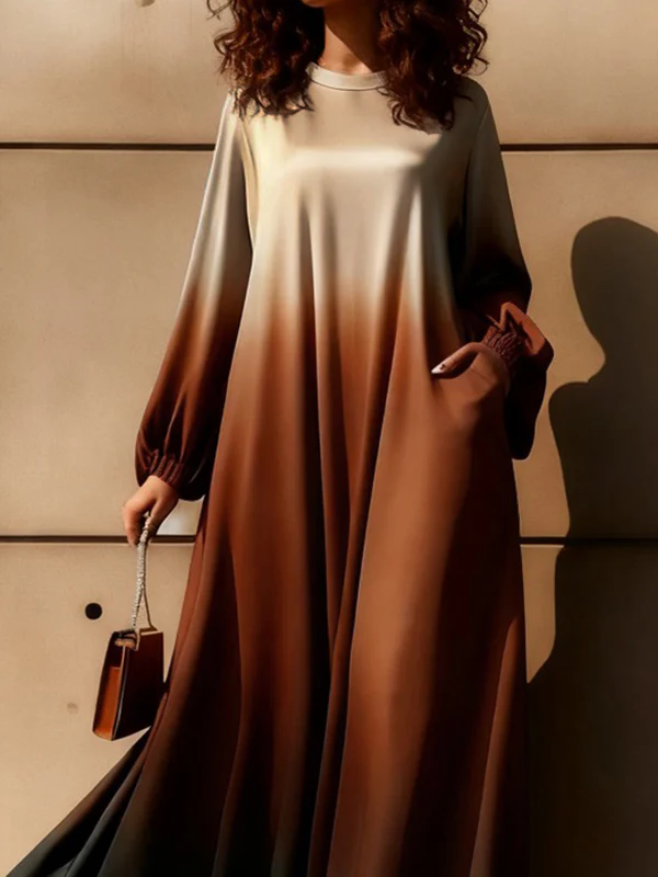 A-Line Long Sleeves Elasticity Gradient Pockets Round-Neck Maxi Dresses - Image 3