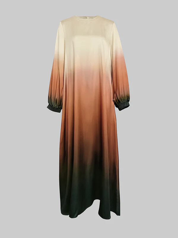 A-Line Long Sleeves Elasticity Gradient Pockets Round-Neck Maxi Dresses - Image 4
