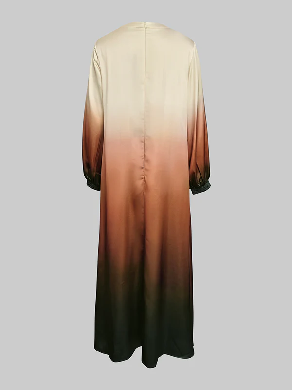 A-Line Long Sleeves Elasticity Gradient Pockets Round-Neck Maxi Dresses - Image 5