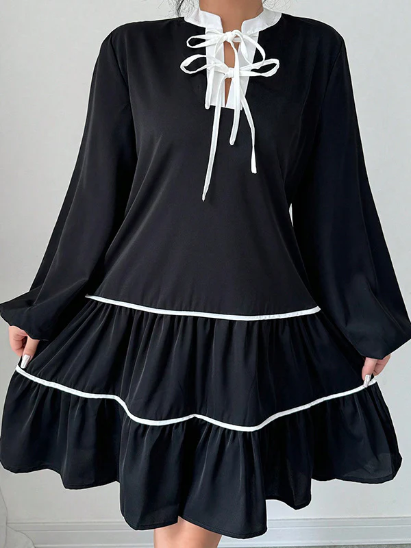 A-Line Long Sleeves Elasticity Pleated Tied V-Neck Mini Dresses - Image 2