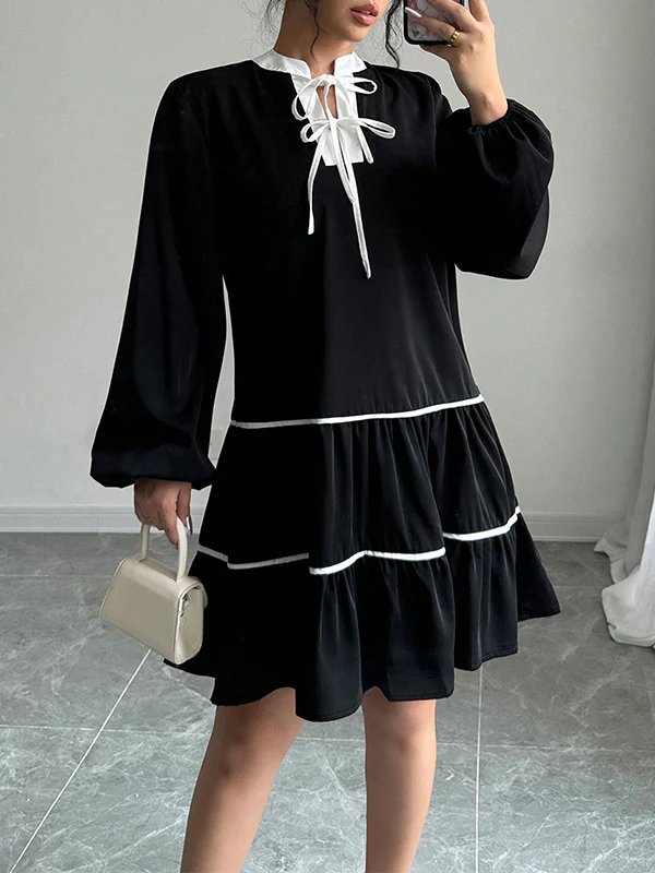 A-Line Long Sleeves Elasticity Pleated Tied V-Neck Mini Dresses - Image 3