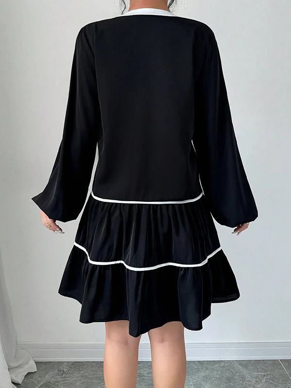 A-Line Long Sleeves Elasticity Pleated Tied V-Neck Mini Dresses - Image 5