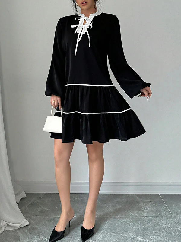 A-Line Long Sleeves Elasticity Pleated Tied V-Neck Mini Dresses - Image 6