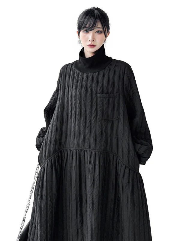 A-Line Long Sleeves Embossed Pockets Quilted Solid Color Split-Joint High Neck Midi Dresses Sweater Dresses - Image 10