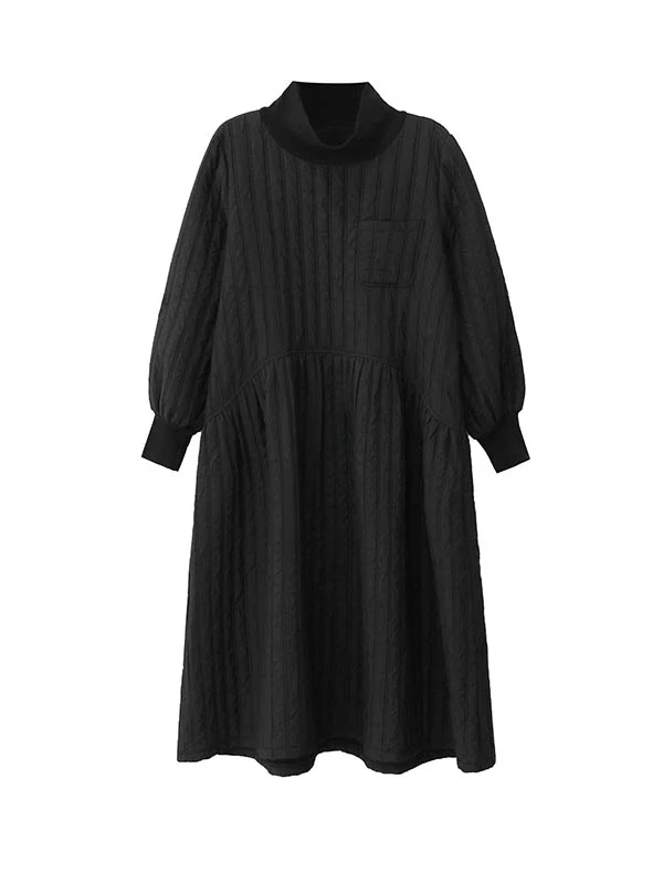 A-Line Long Sleeves Embossed Pockets Quilted Solid Color Split-Joint High Neck Midi Dresses Sweater Dresses - Image 12