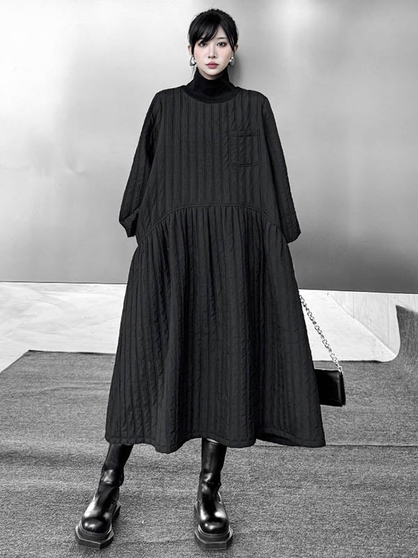 A-Line Long Sleeves Embossed Pockets Quilted Solid Color Split-Joint High Neck Midi Dresses Sweater Dresses - Image 2