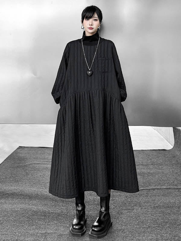A-Line Long Sleeves Embossed Pockets Quilted Solid Color Split-Joint High Neck Midi Dresses Sweater Dresses - Image 3