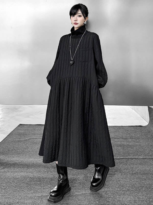A-Line Long Sleeves Embossed Pockets Quilted Solid Color Split-Joint High Neck Midi Dresses Sweater Dresses - Image 4