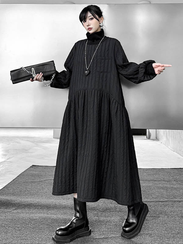 A-Line Long Sleeves Embossed Pockets Quilted Solid Color Split-Joint High Neck Midi Dresses Sweater Dresses - Image 5