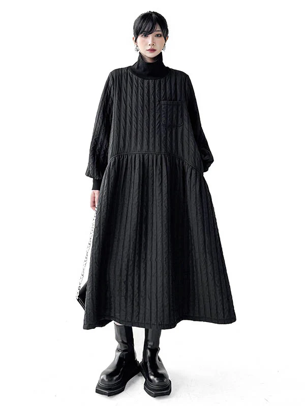 A-Line Long Sleeves Embossed Pockets Quilted Solid Color Split-Joint High Neck Midi Dresses Sweater Dresses - Image 6